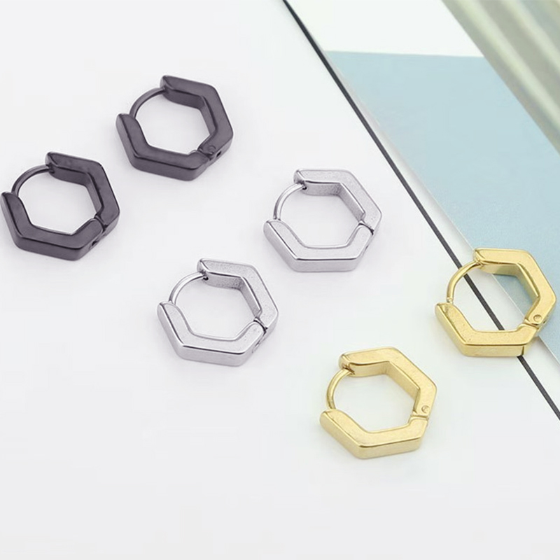 Hexagonal stainless steel earrings with ear loops